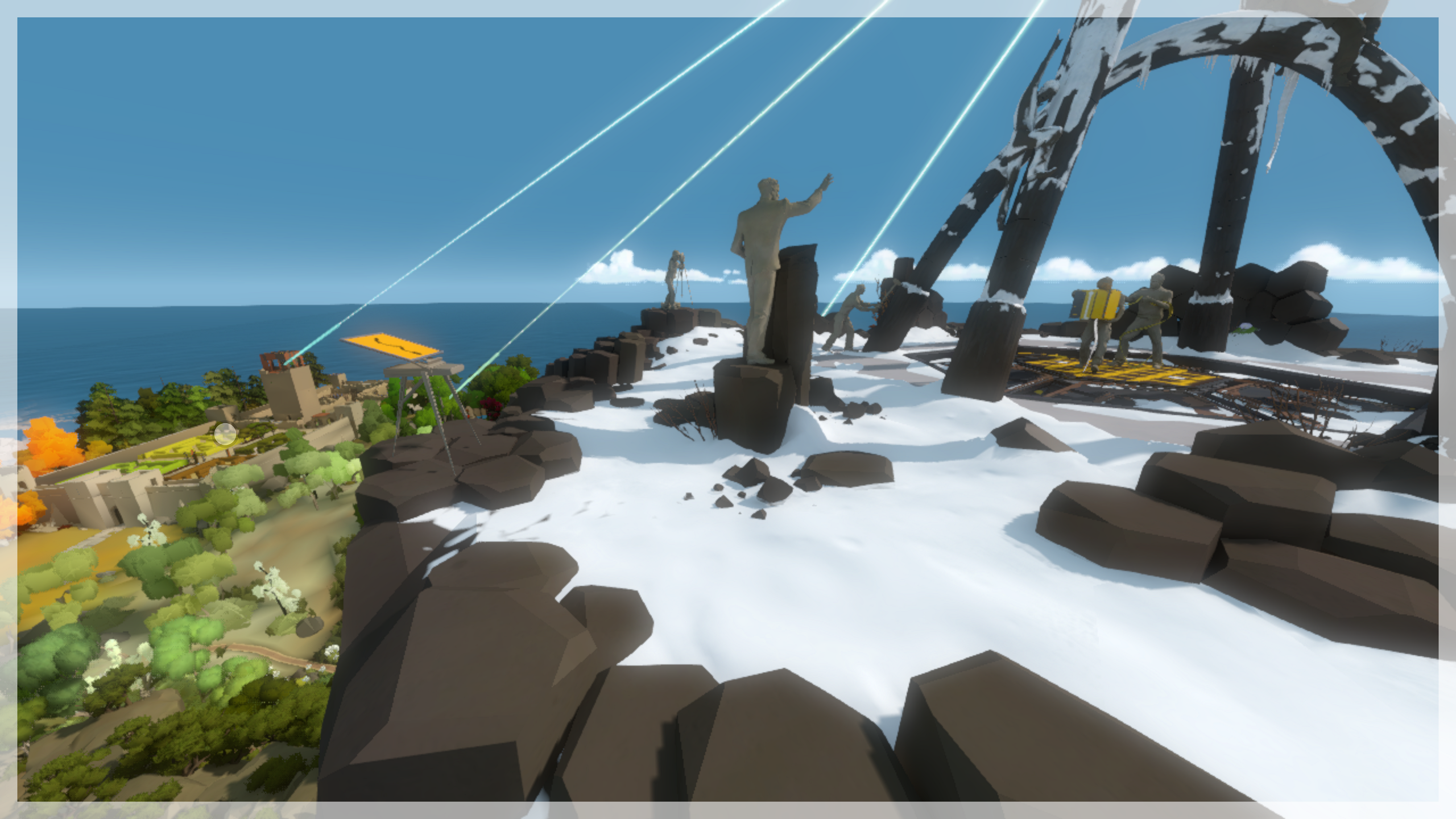 A view from the mountaintop. The perspective puzzle is visible on the right, with its "front" solution possible. The Keep is in the distance on the left.