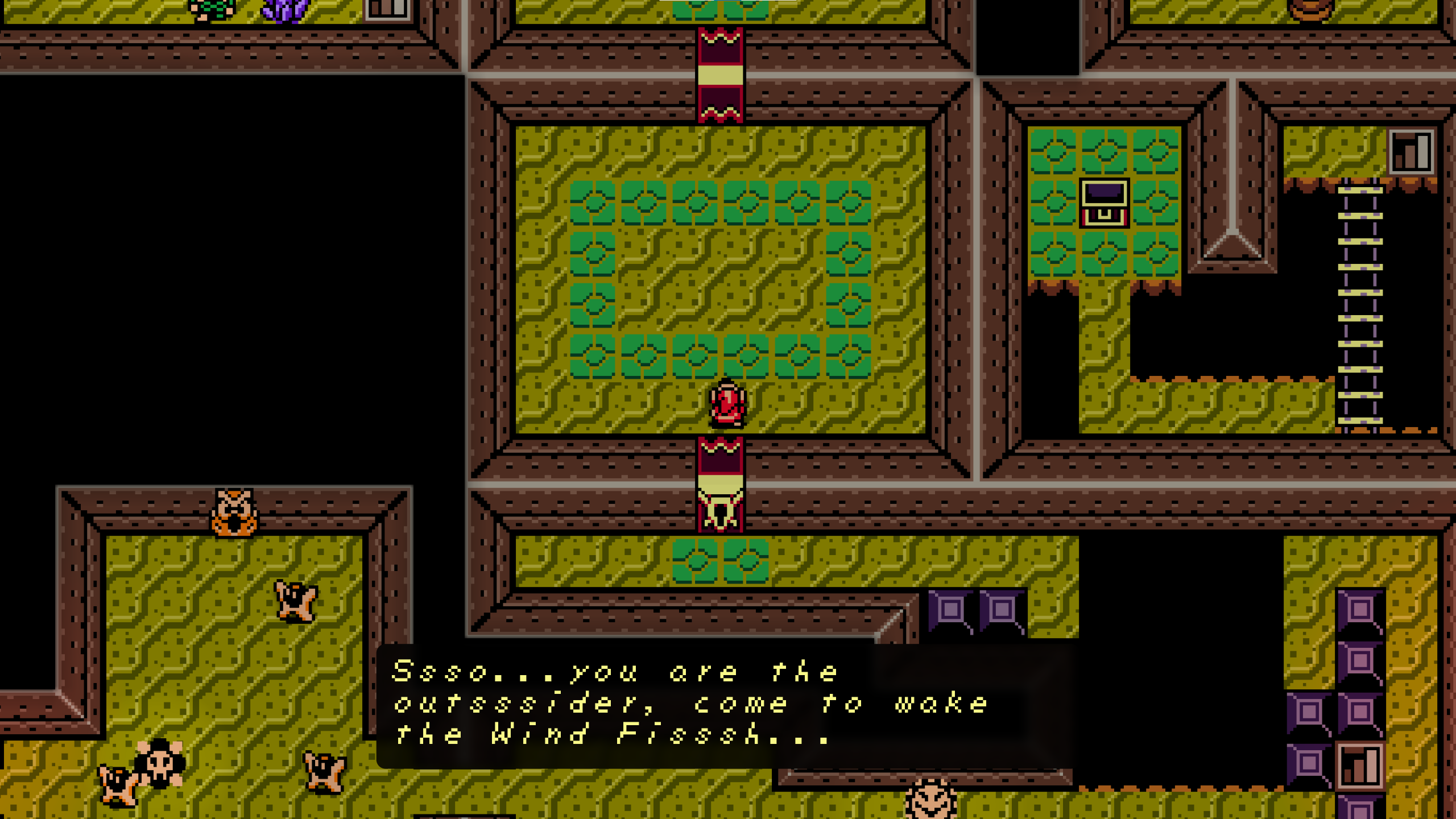A screenshot from the Catfish's Maw dungeon in Link's Awakening. The text "Ssso...you are the outsssider, come to wake the Wind Fisssh..." is visible.