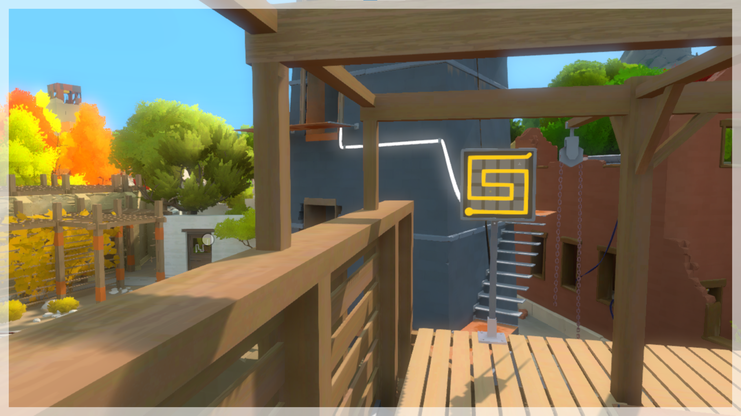 A view from the top of the mining building in Town. The game is in solve mode. On the right is a solved panel with an eraser on it. On the left, in the background, there is a door with a yellow glass panel on it, and the cursor is midway through solving it.