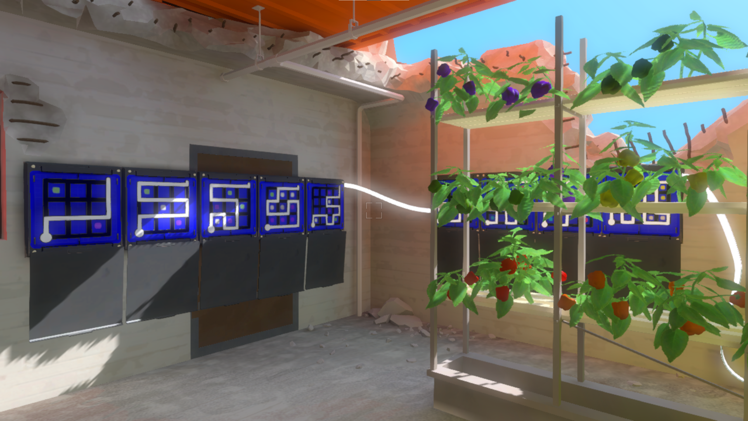 The first room of Bunker. There are five panels on the left, unobscured. They are connected to four panels on the right, which are behind a rack with flowers on it.